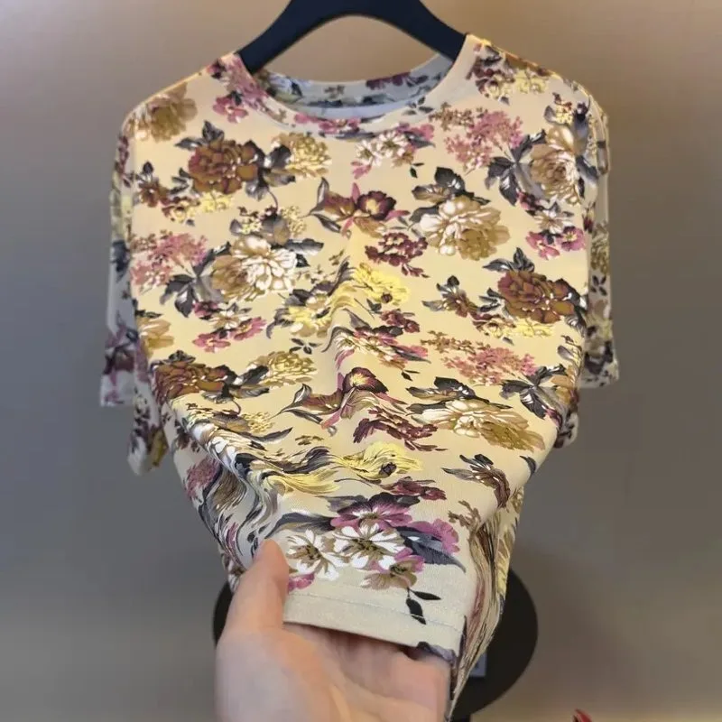 2026 Summer Flower T-shirt for Men Short Sleeved Round Neck Casual T-shirts Fashion Versatile Social Breathable Ice Silk T-shirt