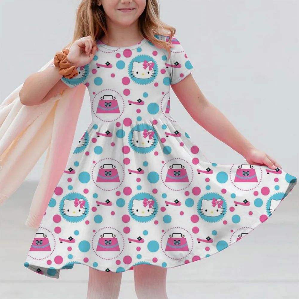 Miniso Cute Hello Kitty 3D Print Girls Short Sleeve Dress Children’s Summer Kuromi Clothing Soft Skirt Kids Nightgown Camping