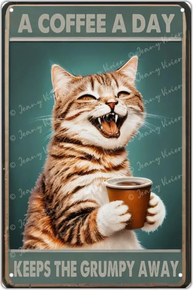 Funny Kitchen Signs Coffee Sign A Coffee A Day Keeps The Grumpy Away Vintage Tin Signs - Metal Decorations Cat Cafe Poster Signs