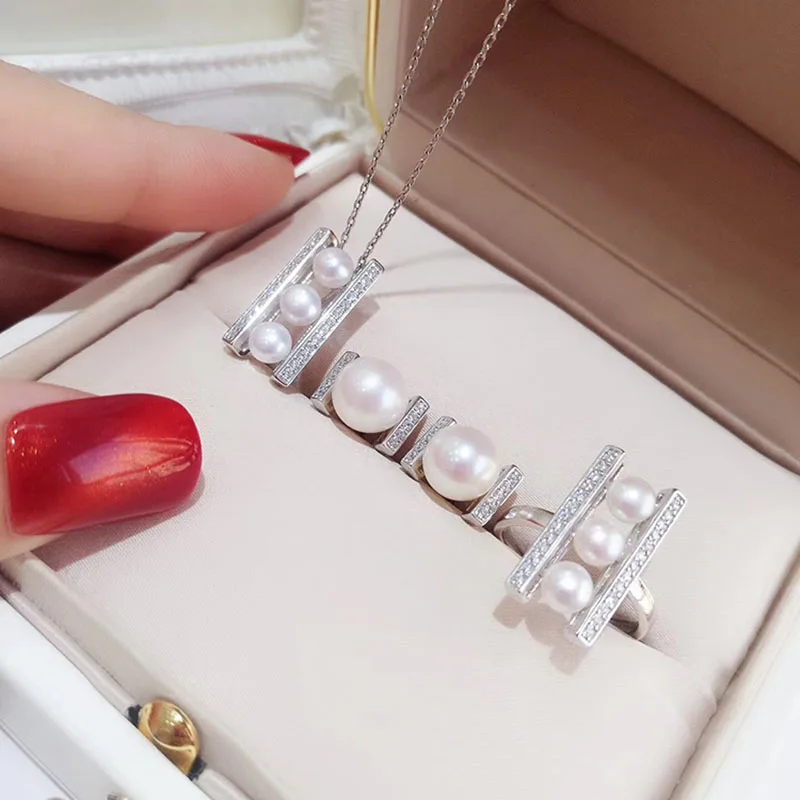 

Pure 925 Sterling Silver AAA Zircon Balance Triple Faux Pearl Necklace S925 Designer T Show Runway Gown Rare INS Japan Korean