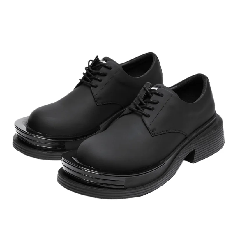 Black Cowhide Thick Soled Height Increasing Shoes for Men Sandwich Design Derby Shoes Comfortable Breathable Casual Leather Shoe