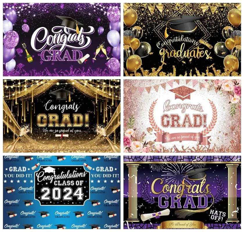 

Laeacco Black and Gold Graduation Backdrop Class of 2024 Bachelor Cap Balloon Congrats Grad Prom Portrait Photography Background