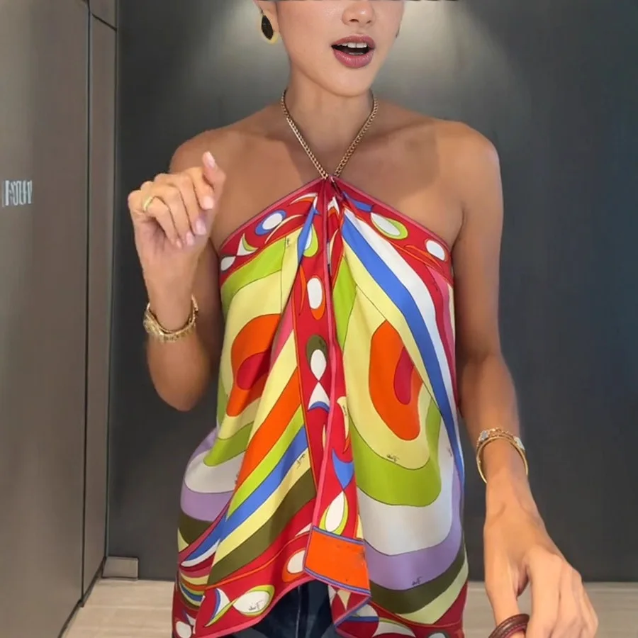 2025 Primavera Estate Nuovo Halter Neck Posizionamento stampato senza spalline INS Allentato Vacation Party Backless Satin