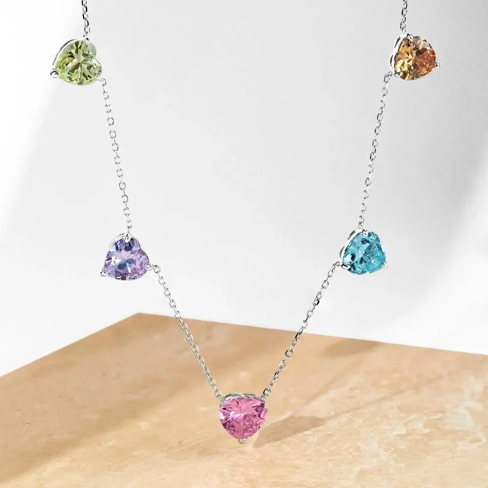 New 925 Sterling Silver 5 Hearts Necklace Women Colorful Brilliant Pendant Necklace Female Luxury Jewelry Shiny 5A Zircon Girl