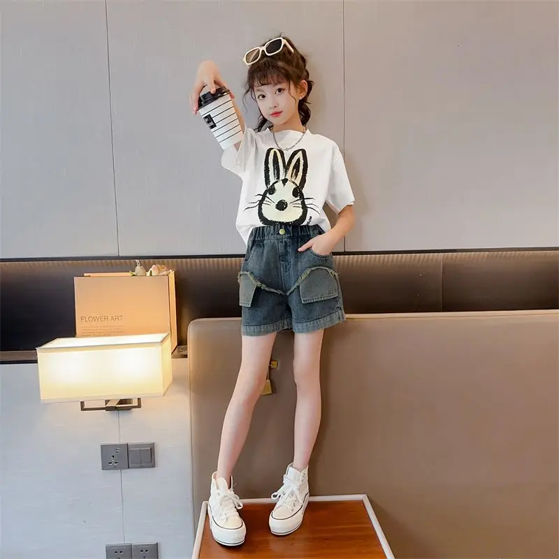 Girls' Lightweight Summer Denim Shorts Set Primary School Trendy Design Comfortable Outerwear Clothing