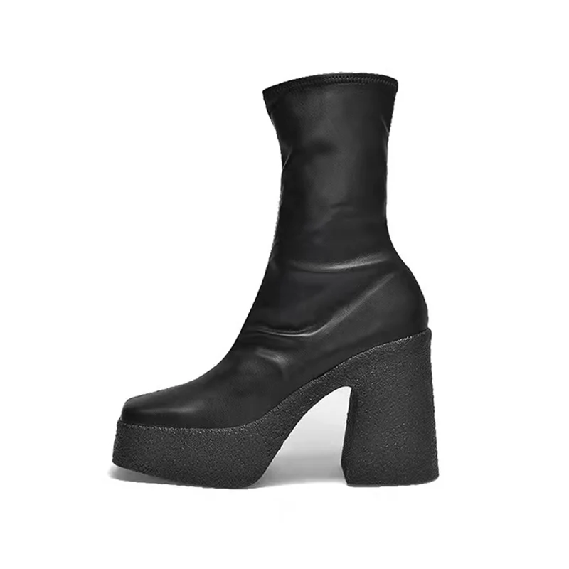 Rozciągliwe buty damskie buty platformy Super wysokie szpilki 9CM skórzane kwadratowe Toe krótkie buty czarna szara sukienka na zamek biuro 41