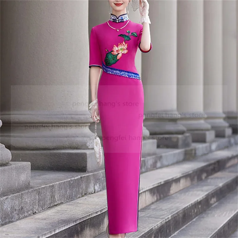 

Длинное улучшенное платье Ципао в китайском стиле с короткими рукавами, Vestidos Over Size 3Xl 4Xl 5Xl, Cheongsam с вышивкой и цветком, с разрезом, Vestidos