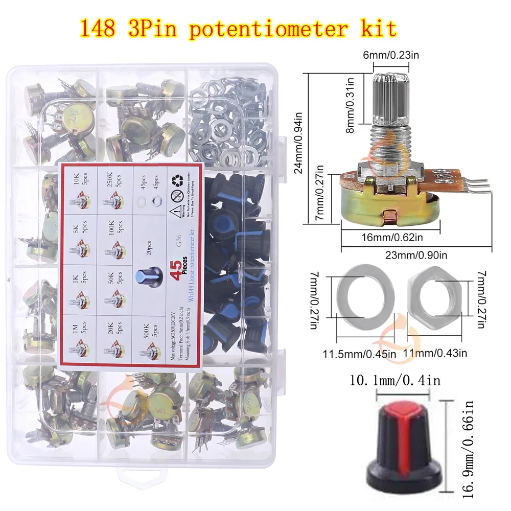 Single Dual Potentiometer Assortment Kit 3Pin 5Pin 6Pin Switch Audio Shaft Amplifier Sealing B1K 2K 5K10K 20K 50K 100K 250K 500K