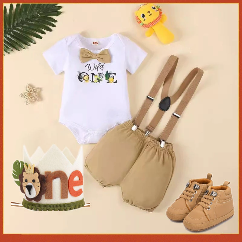 

Jungle Safari Baby Boy Clothes Letter Lion Printed Cotton Romper + Suspender Shorts Zookeeper Costume First Birthday Outfit