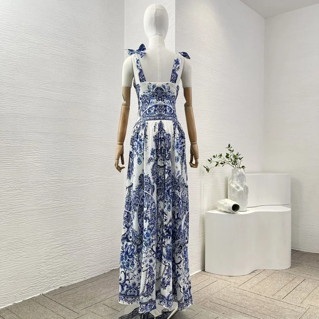 2024 Summer Women Dresses Blue and White Porcelain Floral Print Sleeveless Deep V Neck Maxi Dress High Quality for Holiday Party