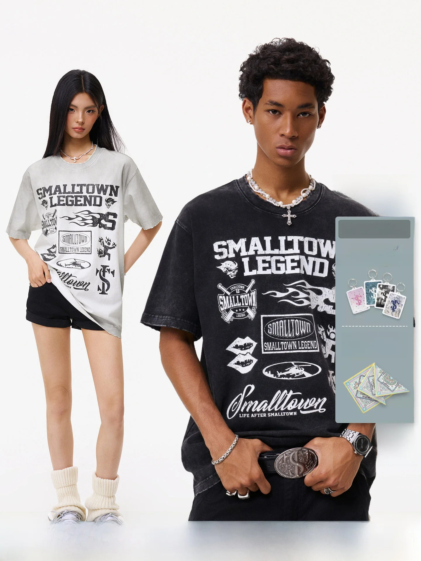 Washed Destroyed Short Sleeve T-Shirt American Series Vintage Street Style Trendy Tee Loose Fit Knitted round Neck Letter Print