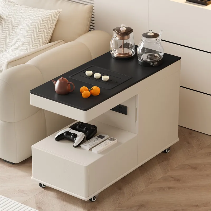 Modern Simplicity Wood Coffee Table Leather Metal Multi-function Storage Durable Movable Living Room Sofa Side Table USB Socket