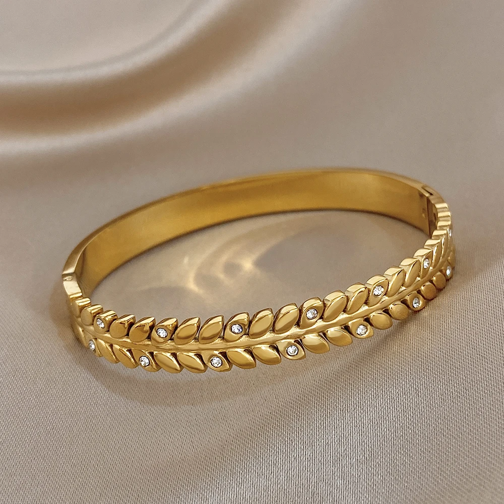 

Freetry Classic Wheat Ear Stainless Steel Bangle for Women Gold Color Waterproof Spring Cuff Bracelet Stackable Jewelry Gift New