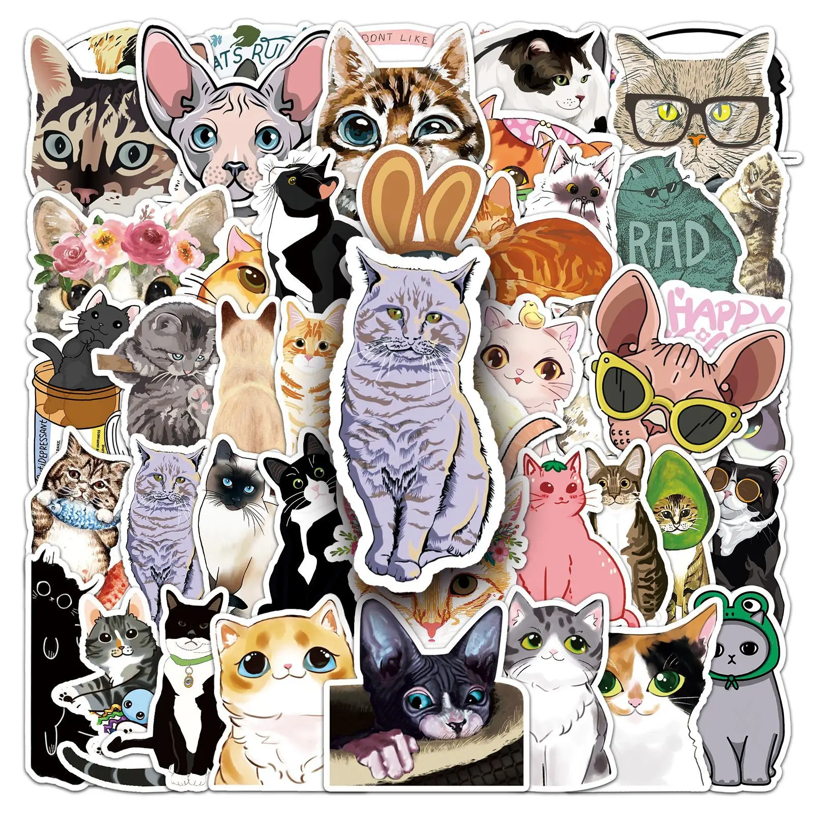 

50PCS Cute Kitten Cartoon MEME Animal material decorative Laptop Trunk Water Cup Skateboard Gift Waterproof Sticker Kids Toy