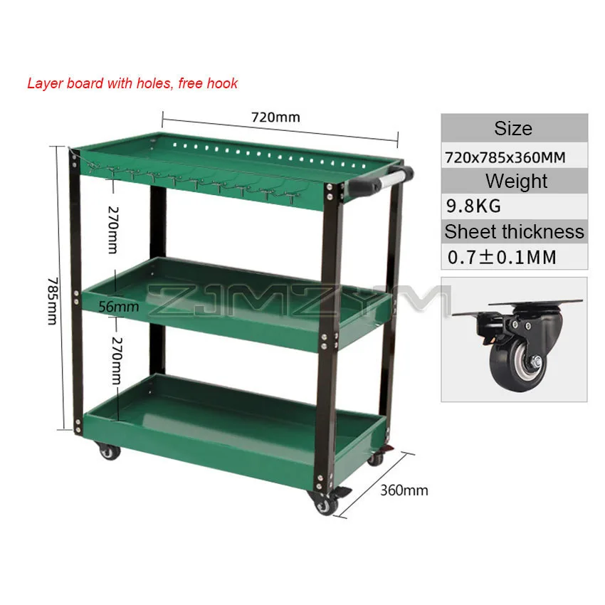 Tool Trolley Toolbox Tool Cart With Mute Wheels Workshop Holder Cabinet Garage Workbench Adjustable Shelf Free Hooks 3 Layer