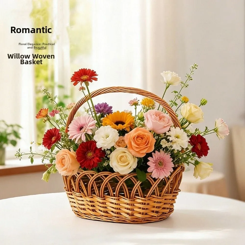 with Handle Lace Fruit Basket Handwoven Handmade Imitation Rattan Basket 2 Sizes Household Braid Storage Baskets