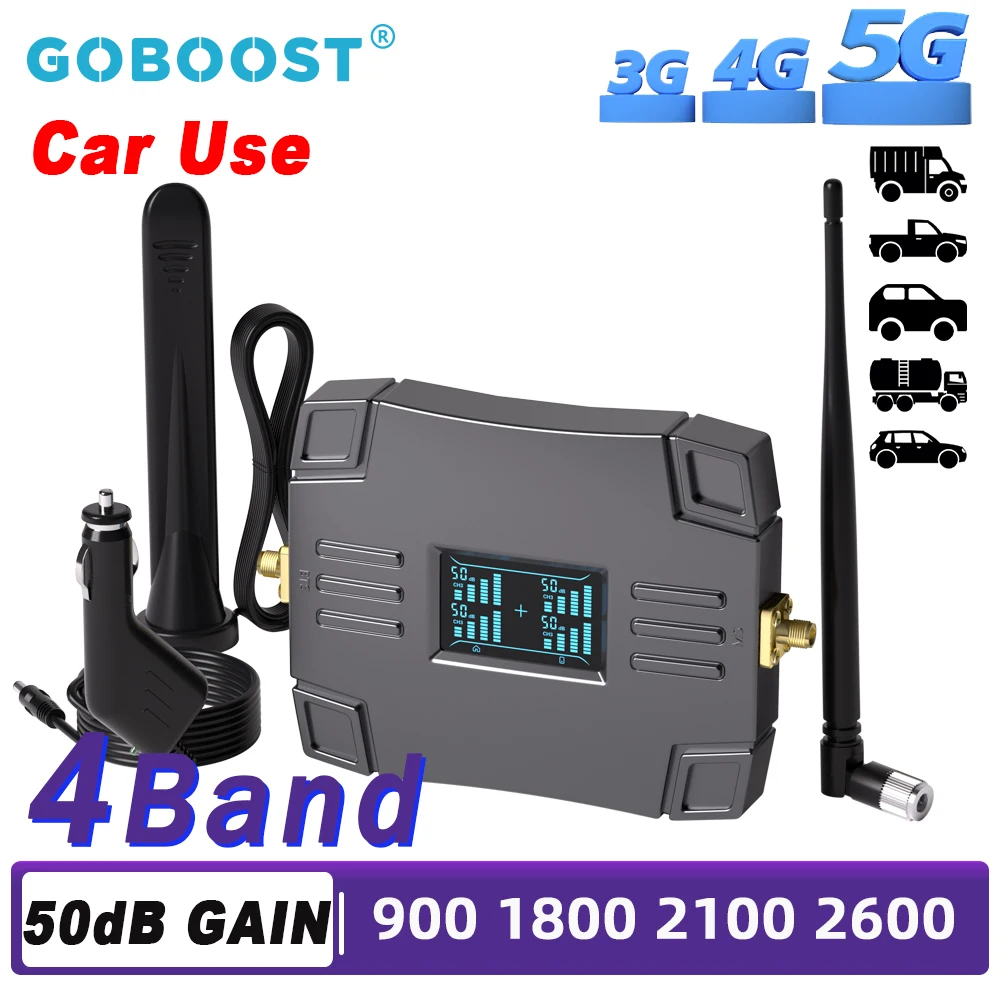 Goboost Auto Gebruik Mobiele Versterker 900 1800 2100 2600 MHz Signaalversterker voor 3G 4G 5G 4-Band Netwerk Repeater Antenne Volledige Kit