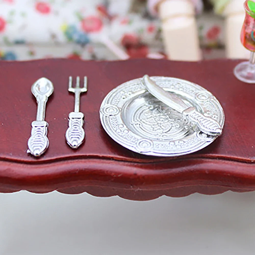 1/12 Doll House Miniature Western Food Dishes Simulation Knife Fork Plate Model Toys for Mini Decoration Dollhouse Accessories