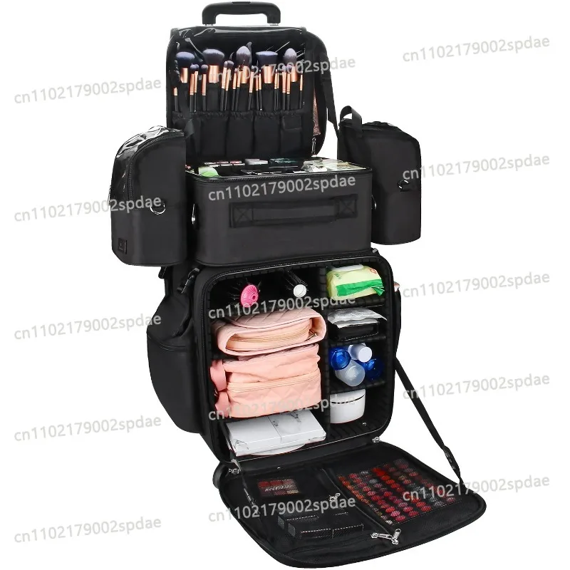 4 In 1 Rolling Nylon Makeup Train Case Professional Black Cosmetic Trolley Travel Storage Bag For Makeup Artists
