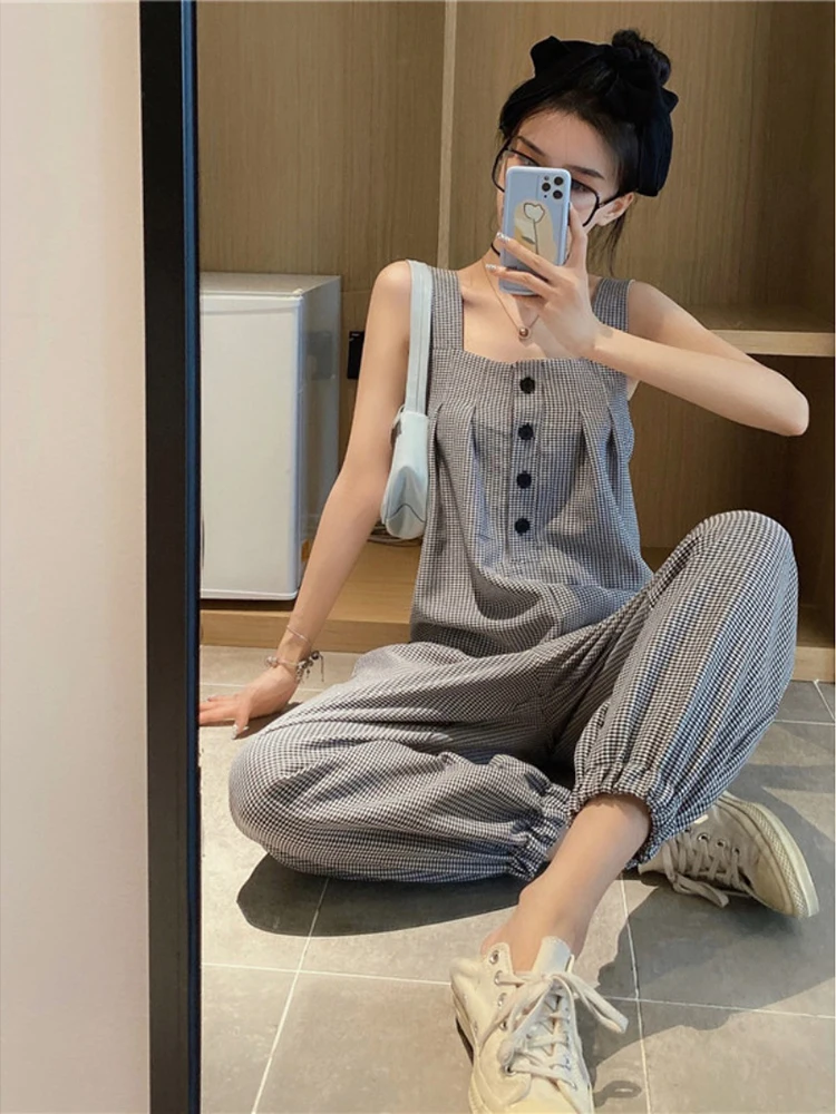 New Summer 2024 Plaid Short Sleeve Suqare Collar Female Bodycon Jumpsuit Full Lengt Rompers Women Jumpsuits Short Sleeve