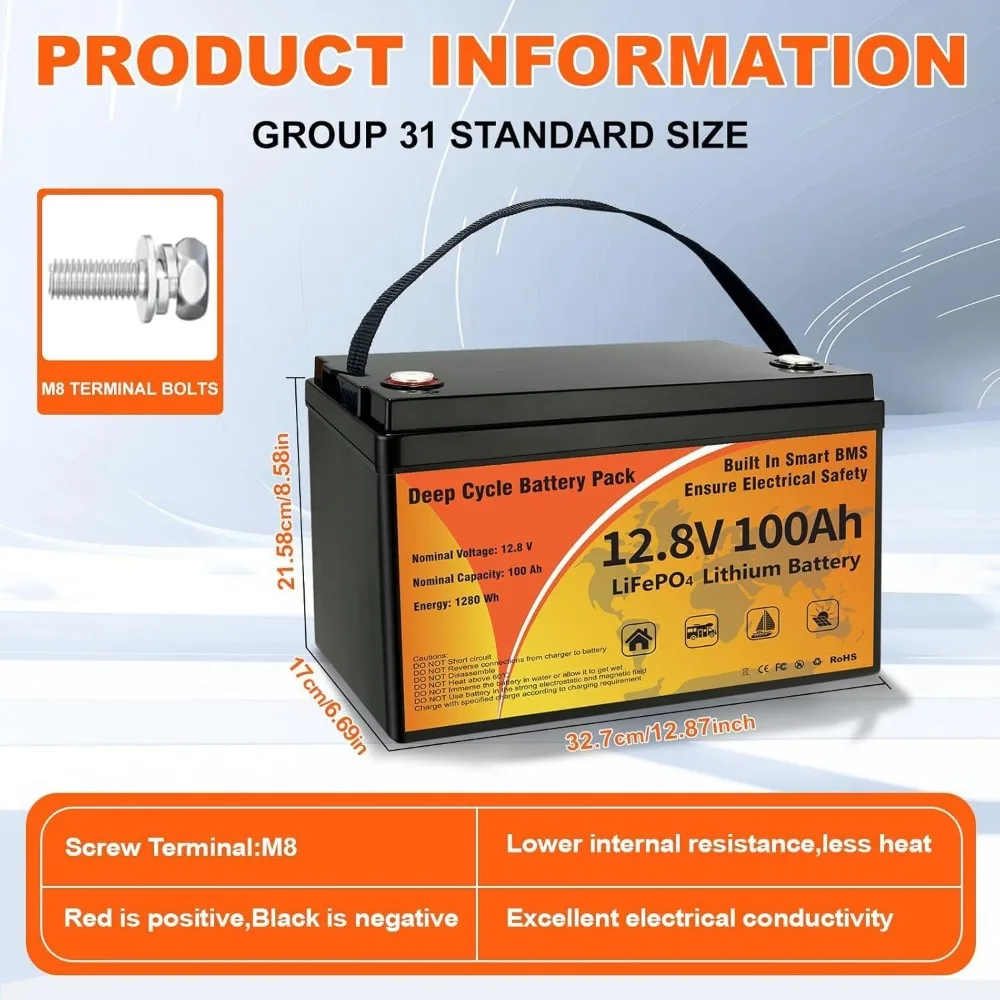 12V 100Ah LiFePO4 Lithium Battery, Group 31 Low-Temp Protection LiFePO4 Battery Built-in Smart BMS, 8000+ Deep