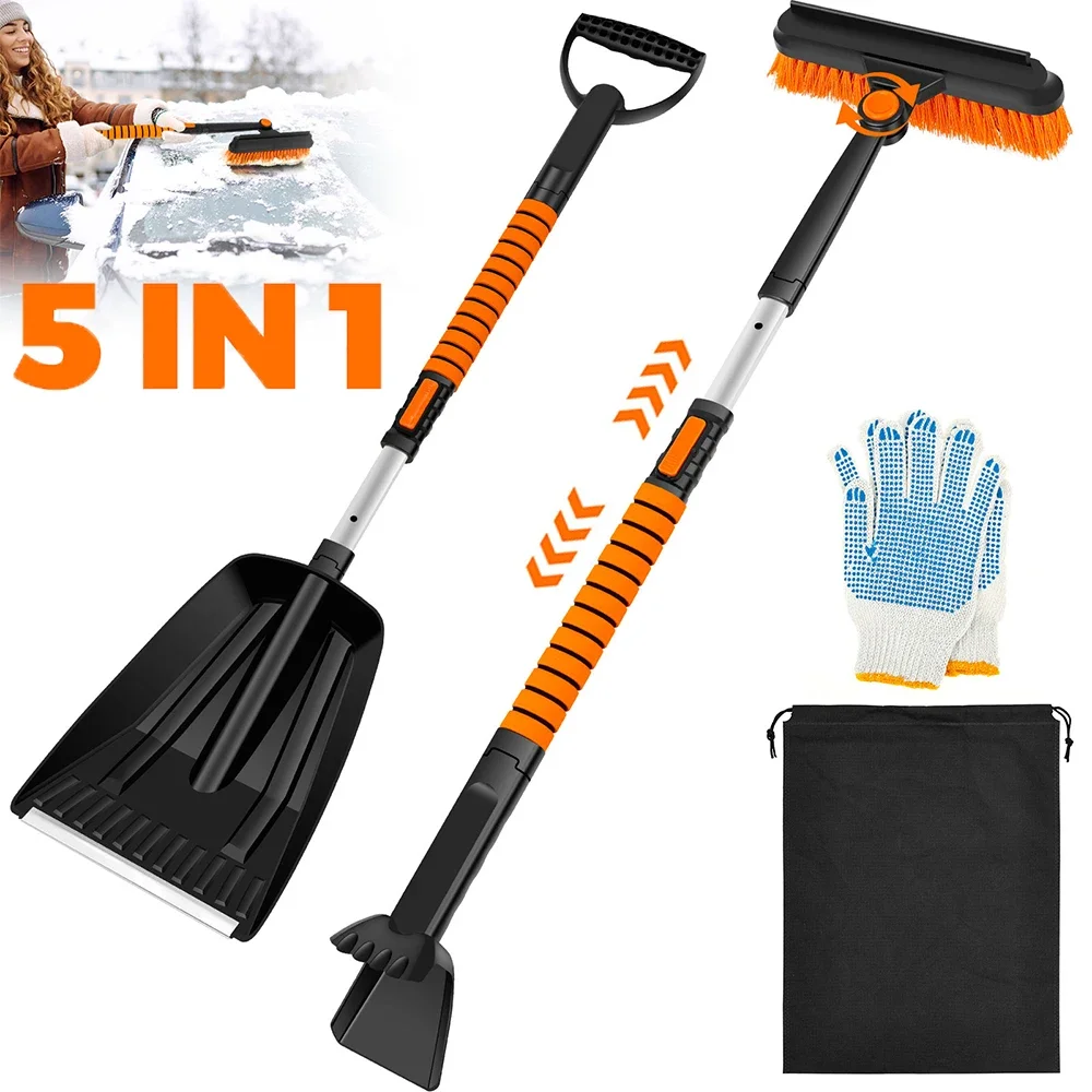 

Многофункциональный набор для удаления льда и снега с автомобиля 5-в-1: щетка-лопата с регулируемой длиной 31-40 дюймов и углом наклона 180 градусов ° Инструмент для чистки лобового стекла с поворотной щеткой