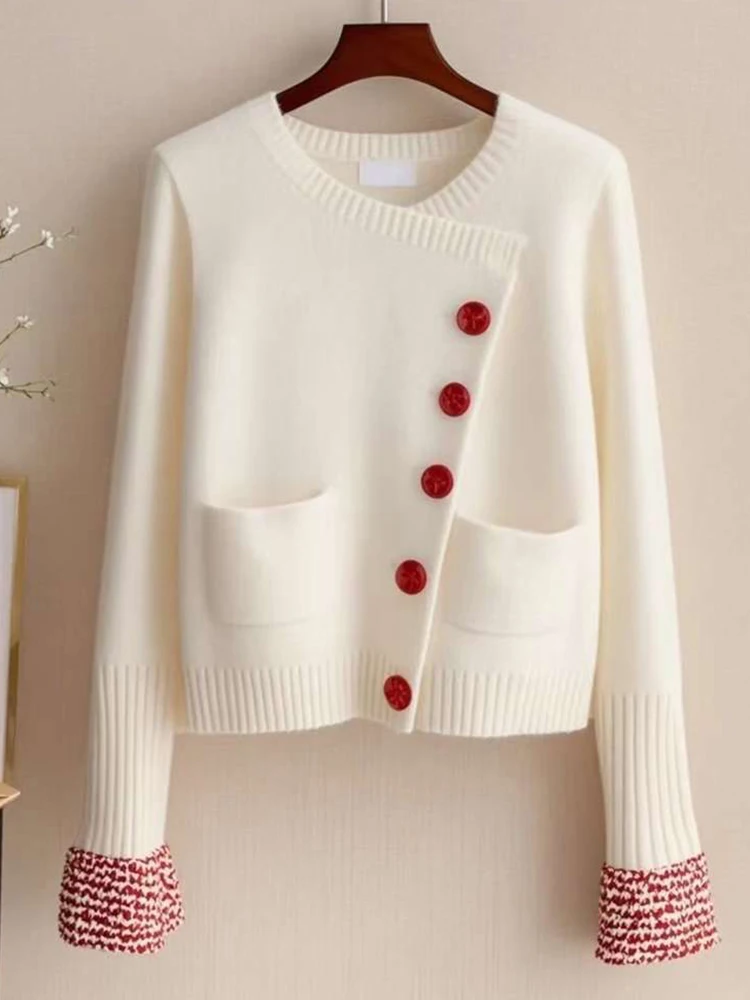 

Sweet White Cardigan Sweaters Women Elegant Long Sleeve Design Knitted Jacket Casual Vintage Korean Patchwork Fall Winter Tops