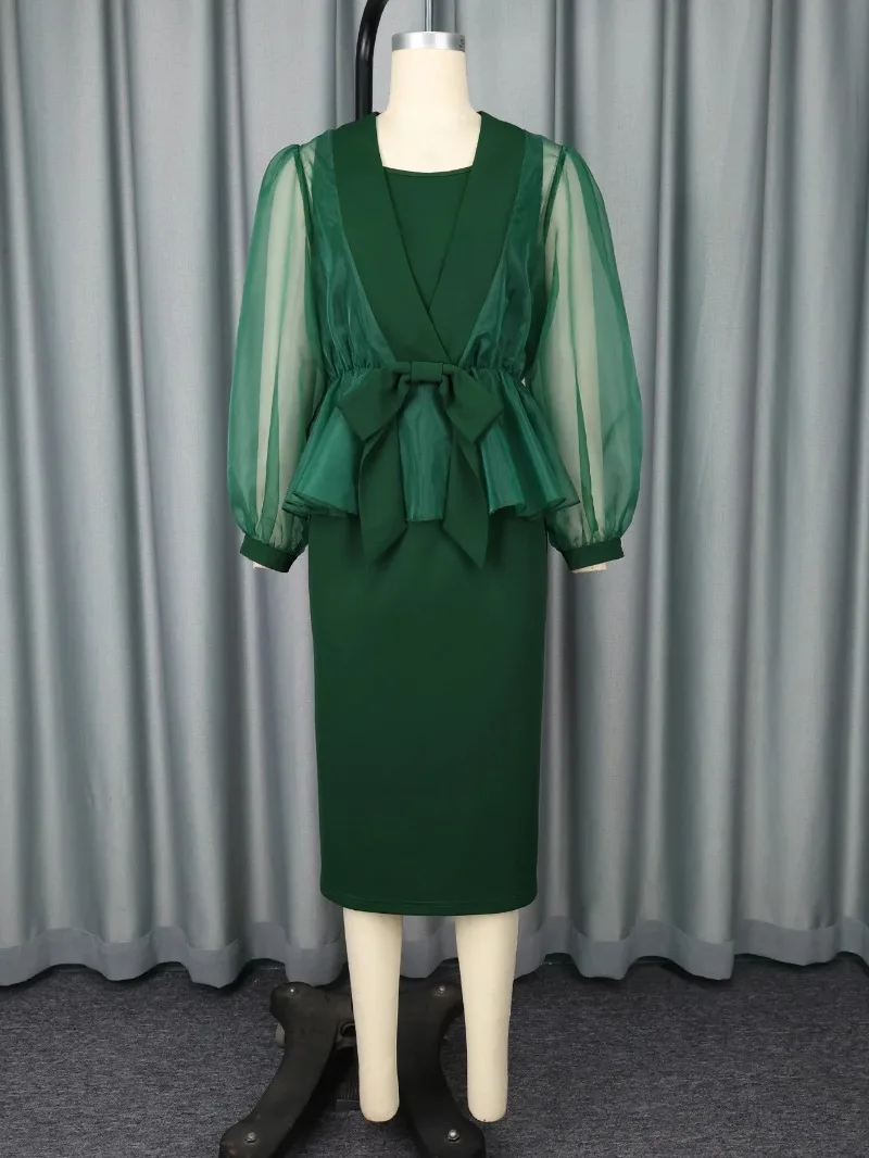 Setelan Wanita Dua Potong Kerah Kotak Lengan Panjang Model Lentera Berbahan Mesh dengan Tali Ikat dan Pita di Pinggul untuk Acara Kantor, Pesta Koktail, dan Pakaian Wanita