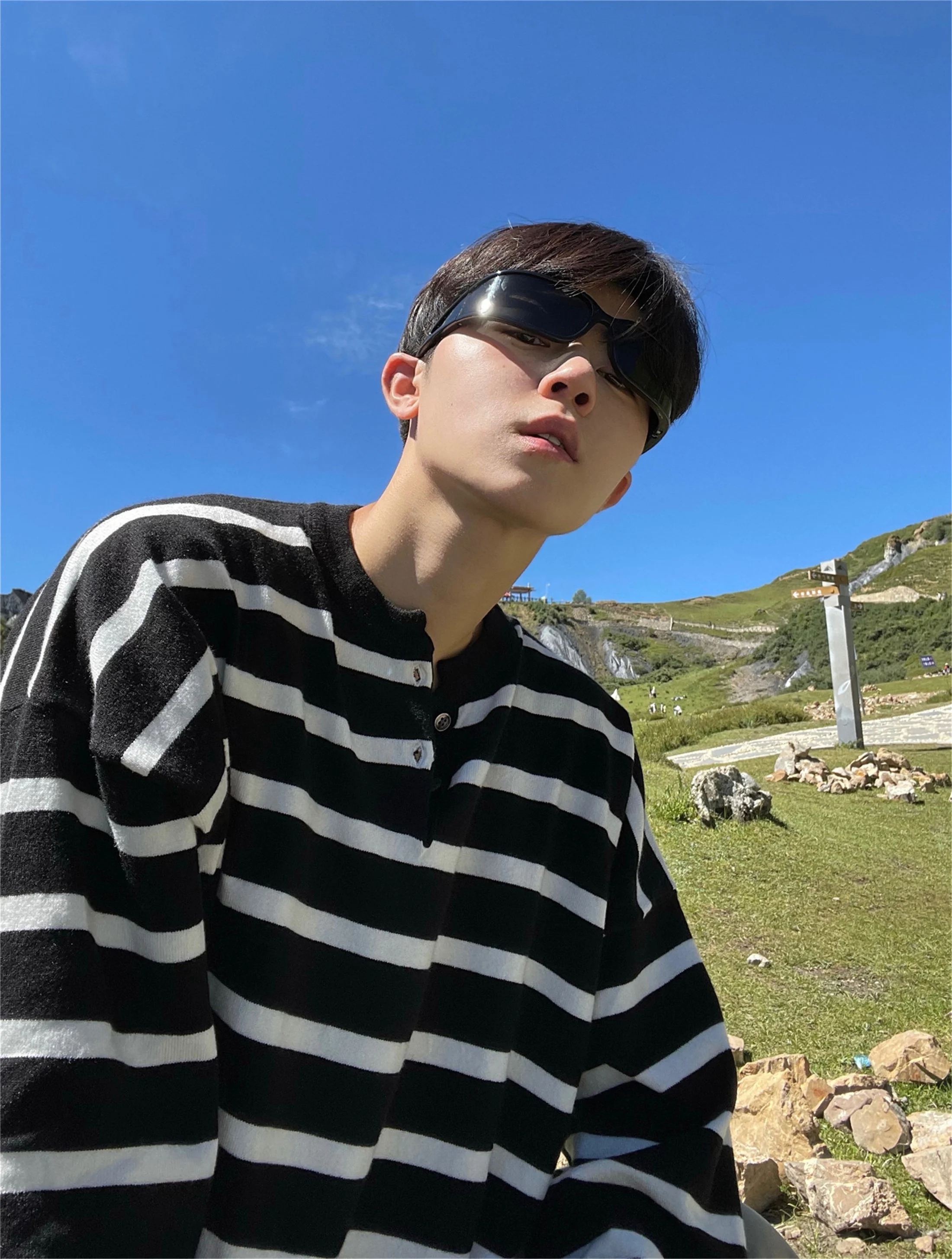 

Loose Casual Korean Striped Lazy Sle Men's Knitted Sweater round Ne Overhead Long Sve Faionable Autumn Top