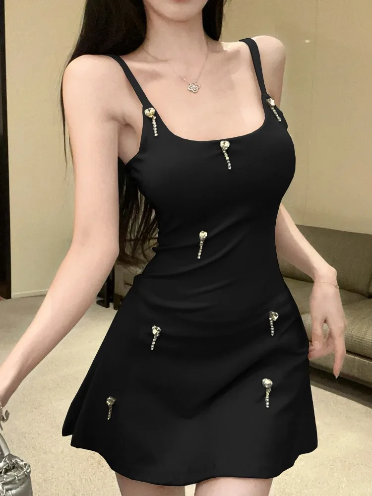 

Sweet And Spicy Style Short Skirt Design Heavy Embellished Diamond Women's Summer Fashion Slimming Dress Casual Wear Polyeste...