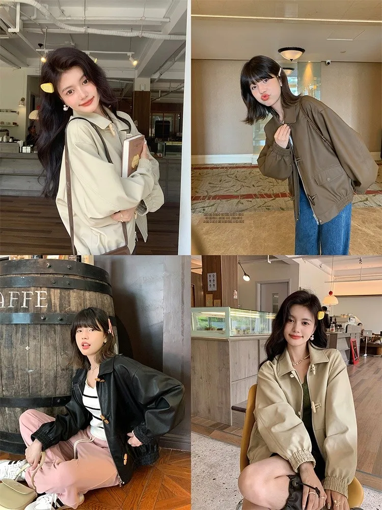 Jaqueta Feminina de Couro Vintage Miss Squirrel com Botões, Solta e Modeladora, para Início do Outono, Manga Longa