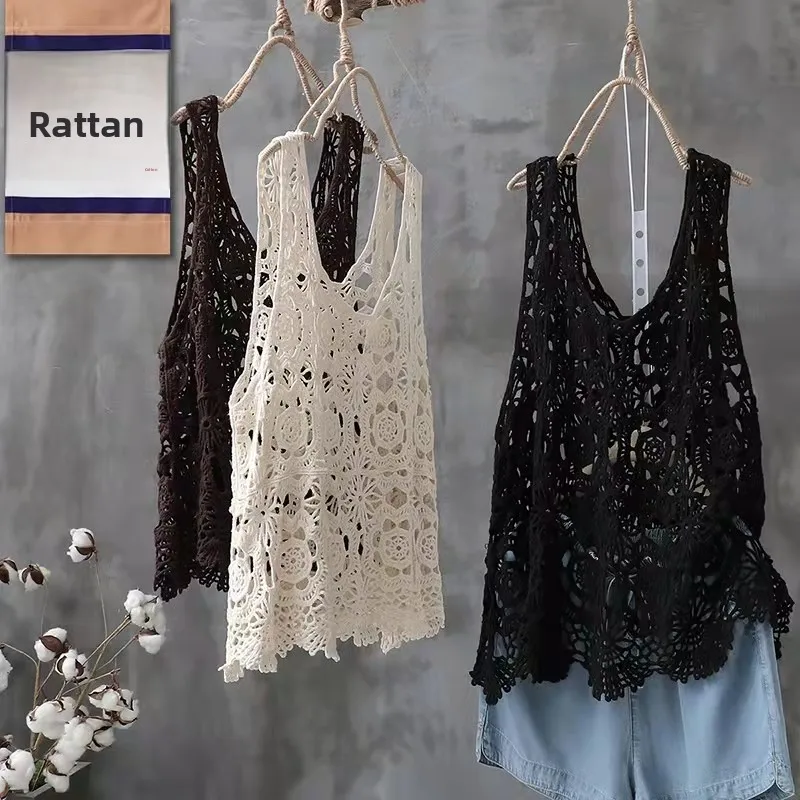 

Ретро вязаный полый цветной жилет с вышивкой, женская одежда большого размера, универсальные комбинезоны V-Ne, летняя одежда...