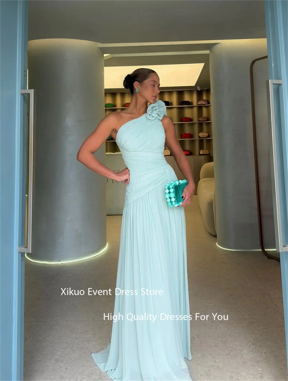 Xikuo-preciosos Vestidos de Noche de un hombro, vestido de fiesta fruncido con flores en 3D, Vestidos de gasa Para Eventos Especiales personalizados