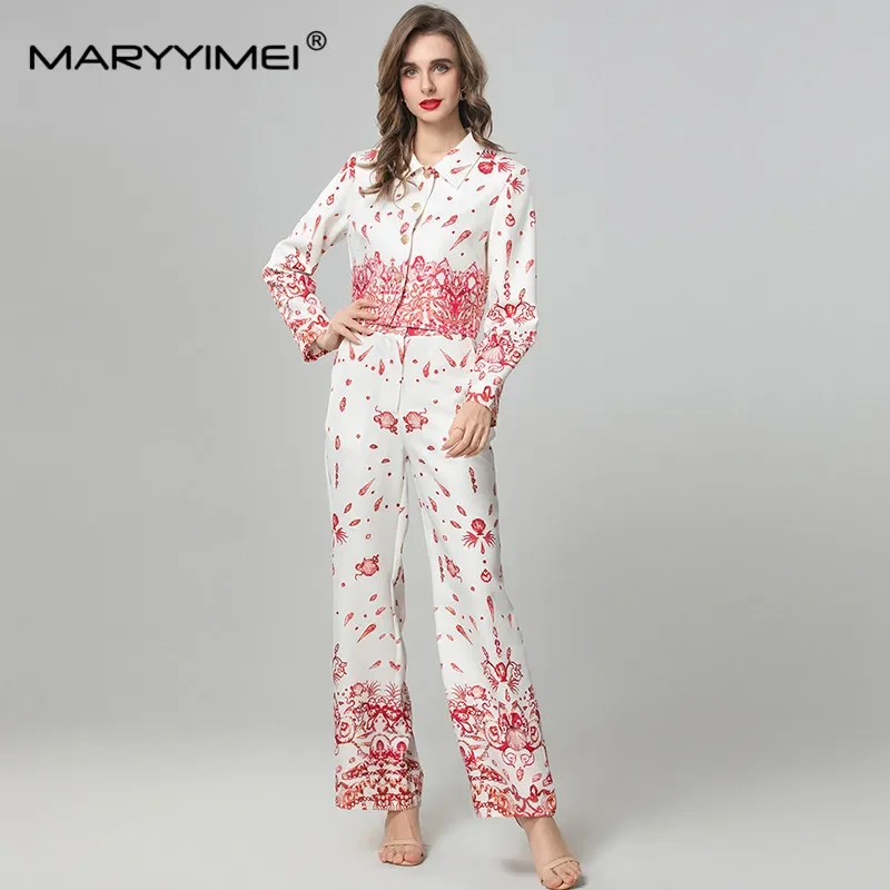 

MARYYIMEI Spring Autumn Women's Suit Turn-Down Collar Single-Breasted Long sleeves Tops+Straight leg pants Print Two-piece set