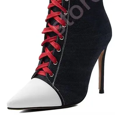 Women Denim Patchwork Knee High Boots Removable Multi‑Part Design Pointed Toe Stiletto Red Lace‑Up Colorblock Fashion Party Boot