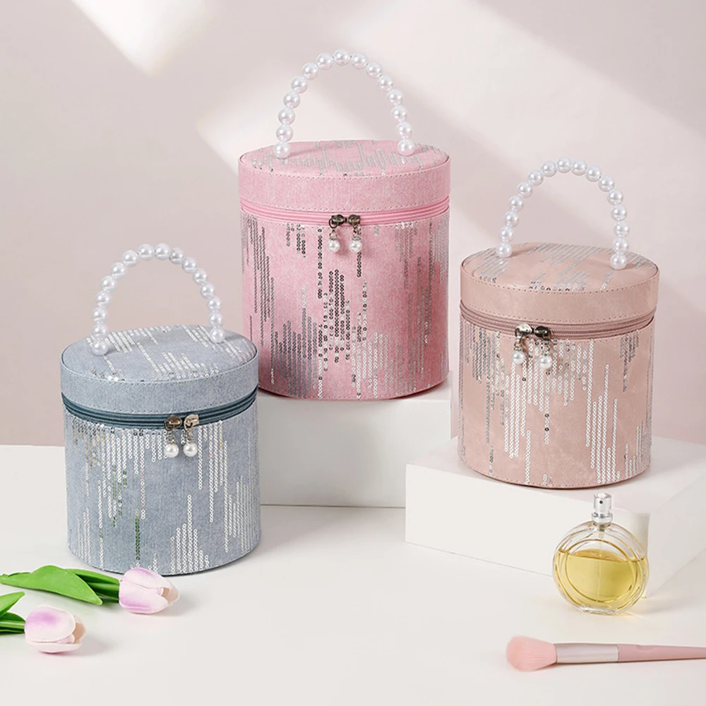 Women Sequins Makeup Box Simple Fashionable Large Capacity Denim Embroidery Sequin Cosmetic Bag for Skincare Cosmetics Storage