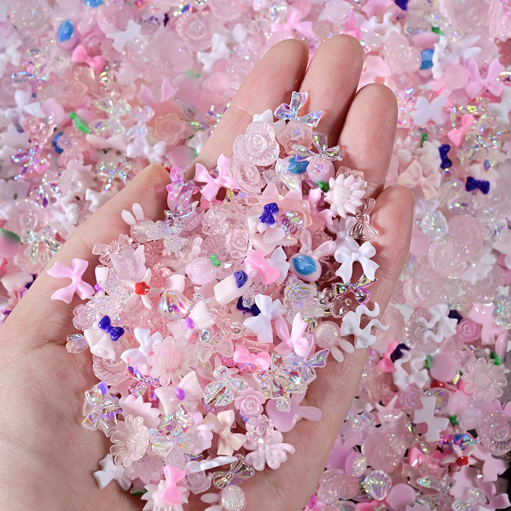    500-600 pièces mélange résine arc ongles accessoires Kawaii rose/bleu/jaune ruban nœud papillon fleur Nail Art breloques bricolage décor