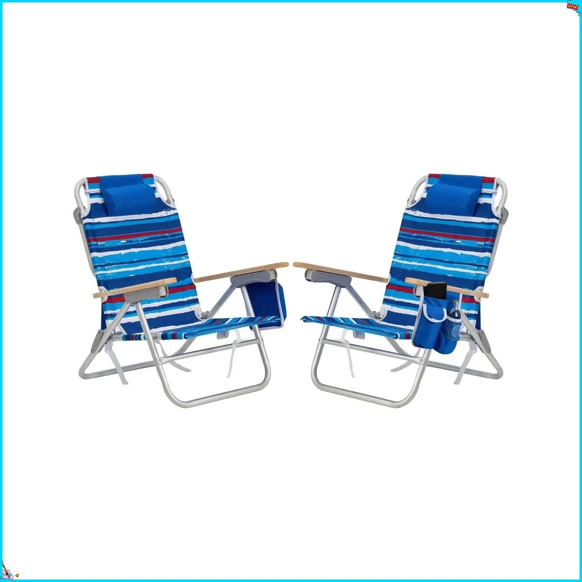 كرسي شاطئ قابل للطي من الألومنيوم، 3 أوضاع، ظهر منخفض ومسند ذراع خشبي، شريط أزرق 300 رطل