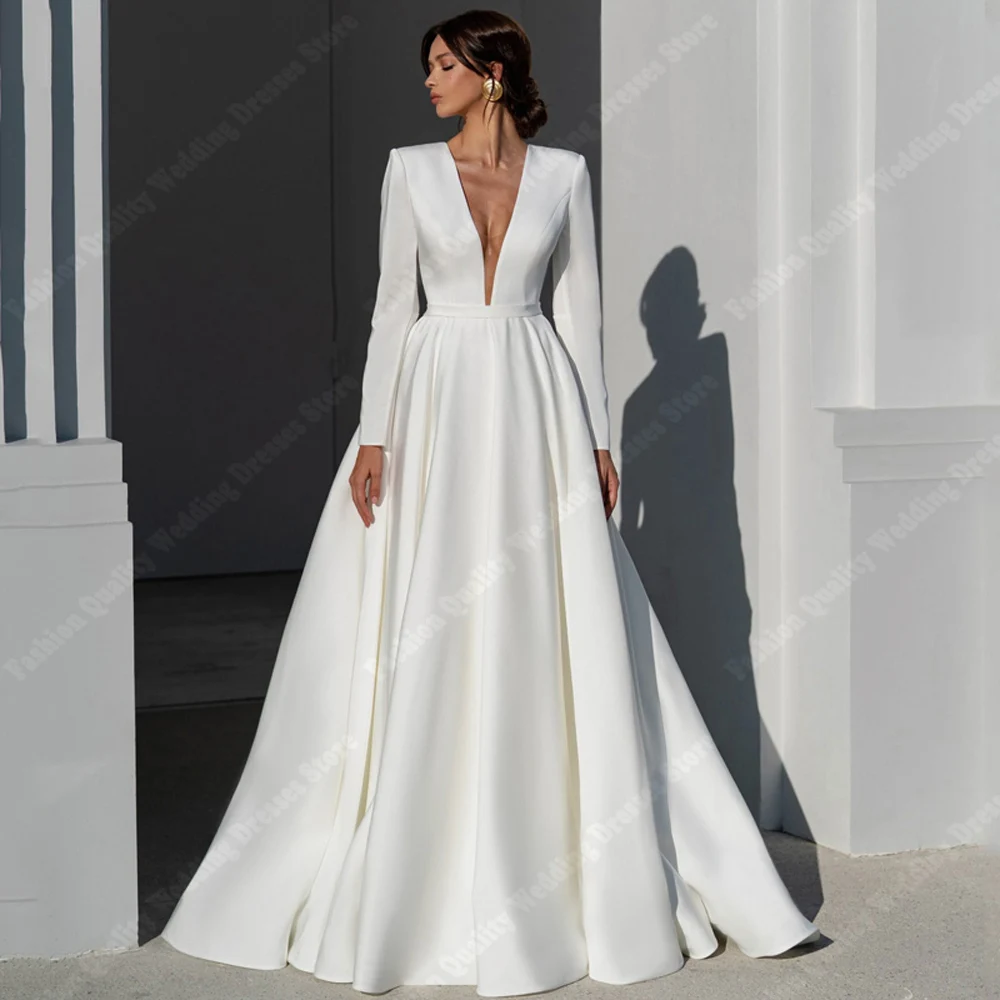 2024 Vintage Satin Women Wedding Dresses Minimalist Backless A-Line Gowns Sexy Deep-V Neck Long Sleeves Ball Vestidos De Novias