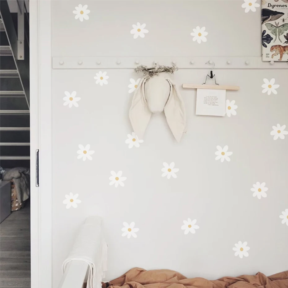 Boho Daisy Flowers White Watercolor Wall Stickers for Kids Room Wall Decals Baby Nursery Home Decoration Girl Bedroom