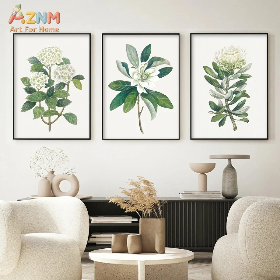 AZNM Vintage Botanical Canvas Wall Art Green Leaf White Flower Print Magnolia Hydrangea Poster for Living Room Decor No Frame