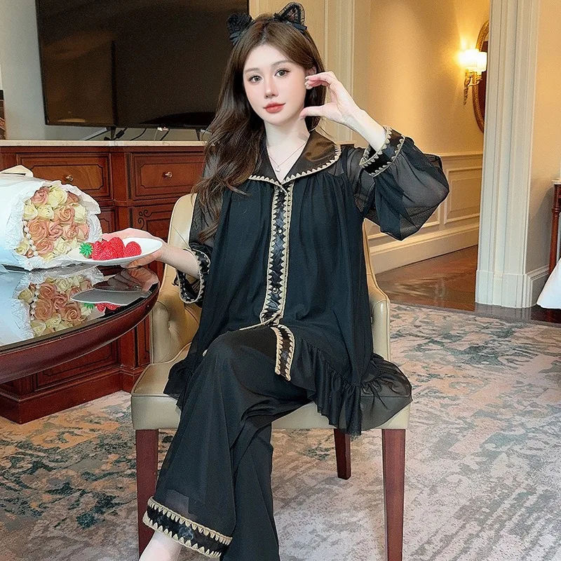 

Женская черная пижама на весну-осень 2026 с длинным рукавом, кружевным кардиганом в стиле принцессы, удобная домашняя одежда, уютная, однотонная, размер XXL, с подкладкой на груди