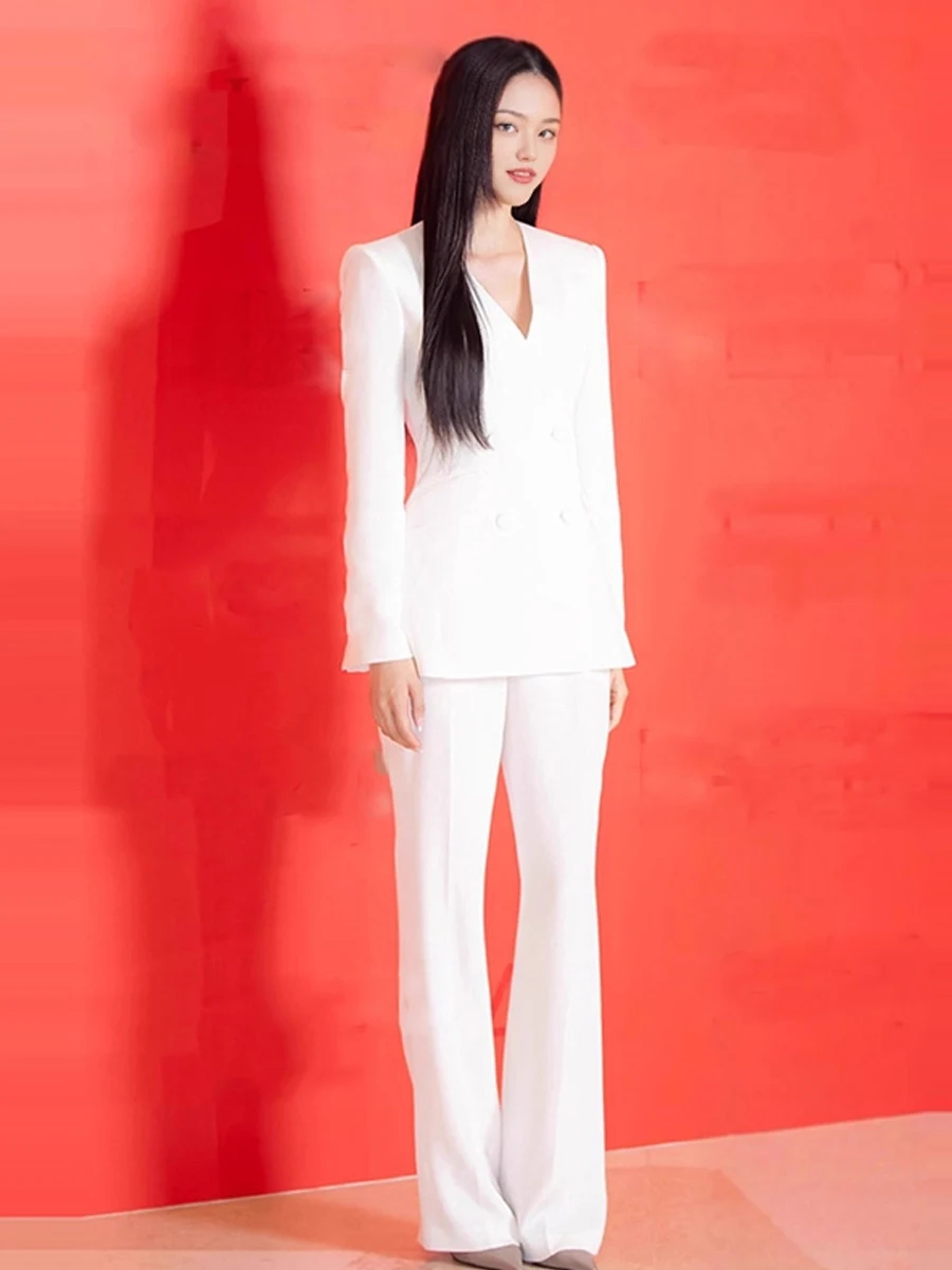 

Ele White V-Ne Women's Suit Set Slimming Profional Outfit Two-Piece Pants Suit Breathable Polyester Casual Faion