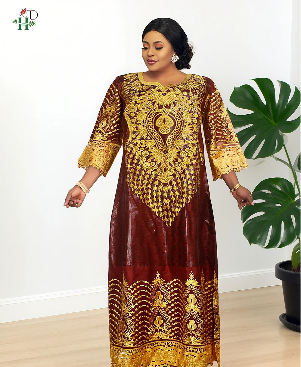 For Women African Dresses Bazin Riche Gold Embroidery Dress Purple Boubou Traditional Gown For Wedding Party Occasions Djellaba