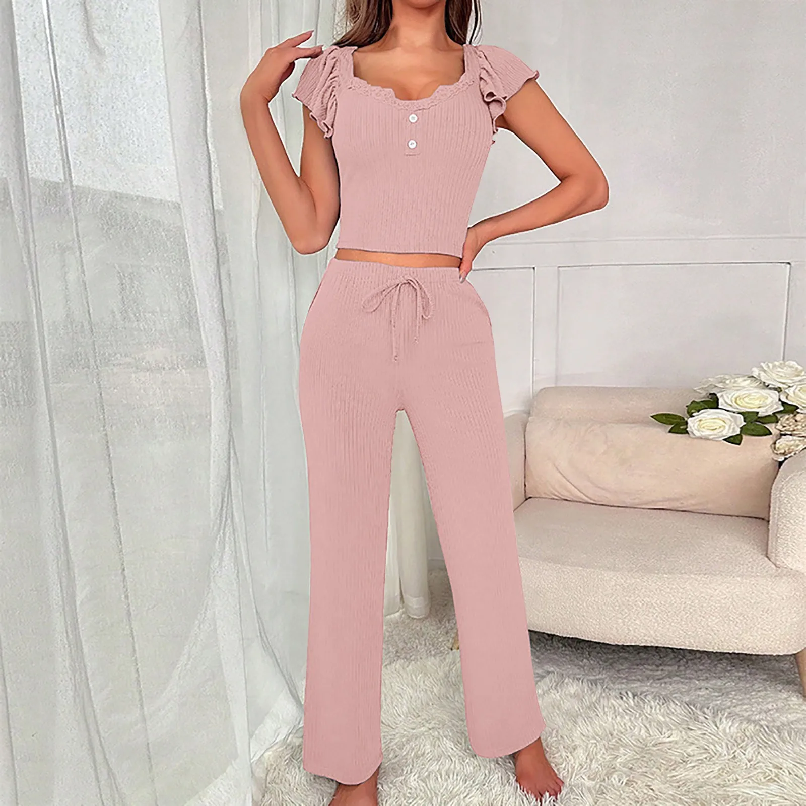 Women'S Solid Color Casual Pants Set Pit Short Sleeve Short Top And Lace-Up Loose Wide Leg Pants Two-Piece Home Wear Pajamas Set