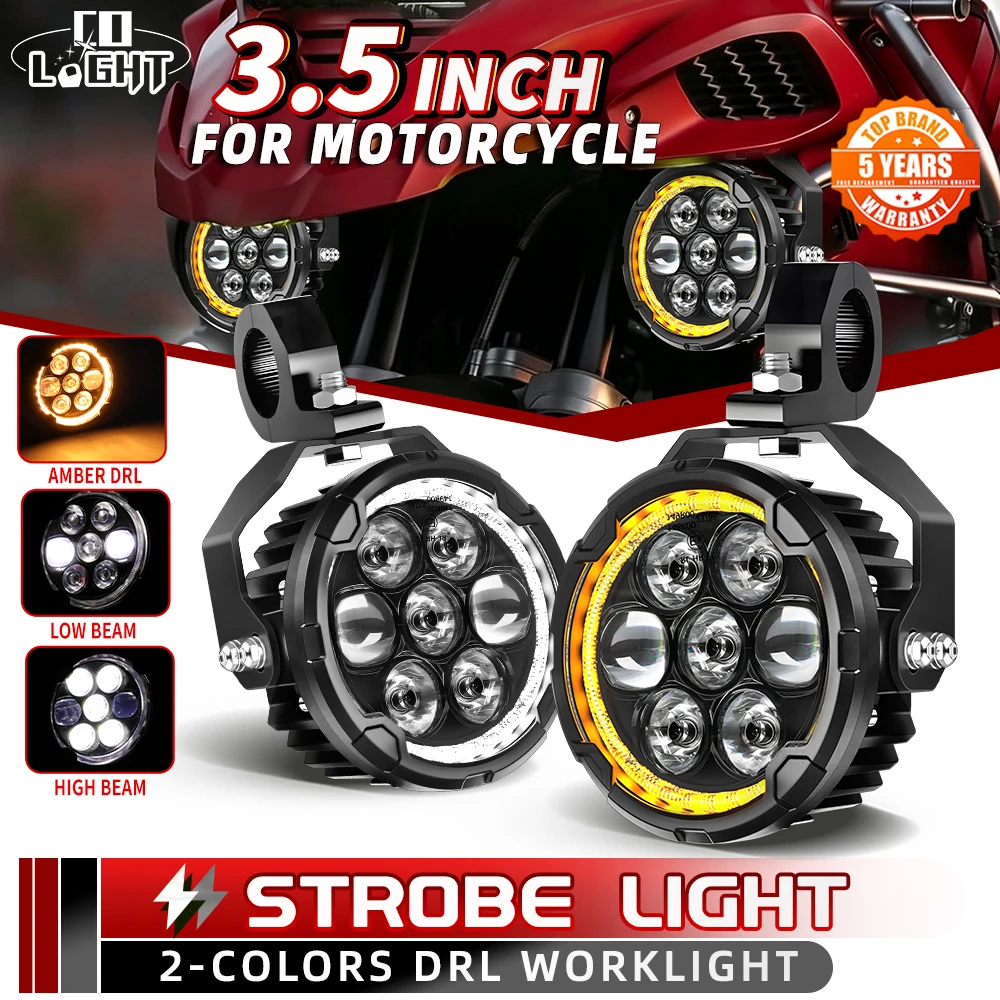 CO LIGHT Offroad-Nutzung 3,5-Zoll-Motorrad-Fahrlichter Zweifarbige Halo-Tagfahrleuchten Stroboskop-Nebelscheinwerfer mit komplettem Kabelbaum passend für KTM BMW Honda Yamaha