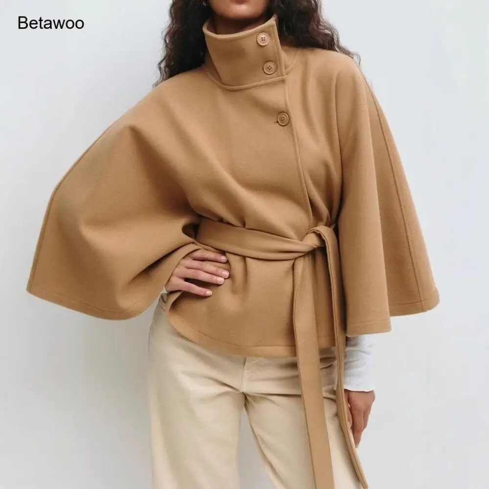 Camel Wool Cape Coat Women Fashion Belted Stand Collar Short Outerwear with Waist Tie