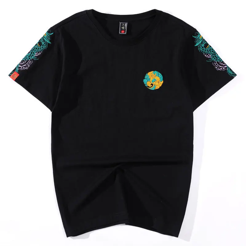 Bebovizi Chinese Style Green Dragon Embroidery Tshirt Men Streetwear Harajuku T-Shirt Summer Japan Black Short Sleeve T Shirt