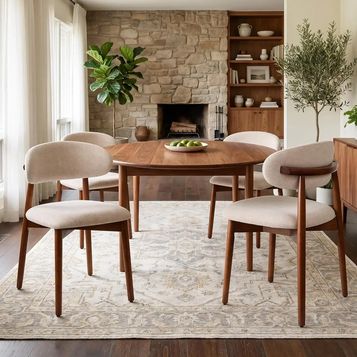 Farmhouse Dining Chairs Set of 4, Mid Century Modern Wooden Dining Room Chairs, Farmhouse Fabric Upholstered Kitchen Dinner Chai