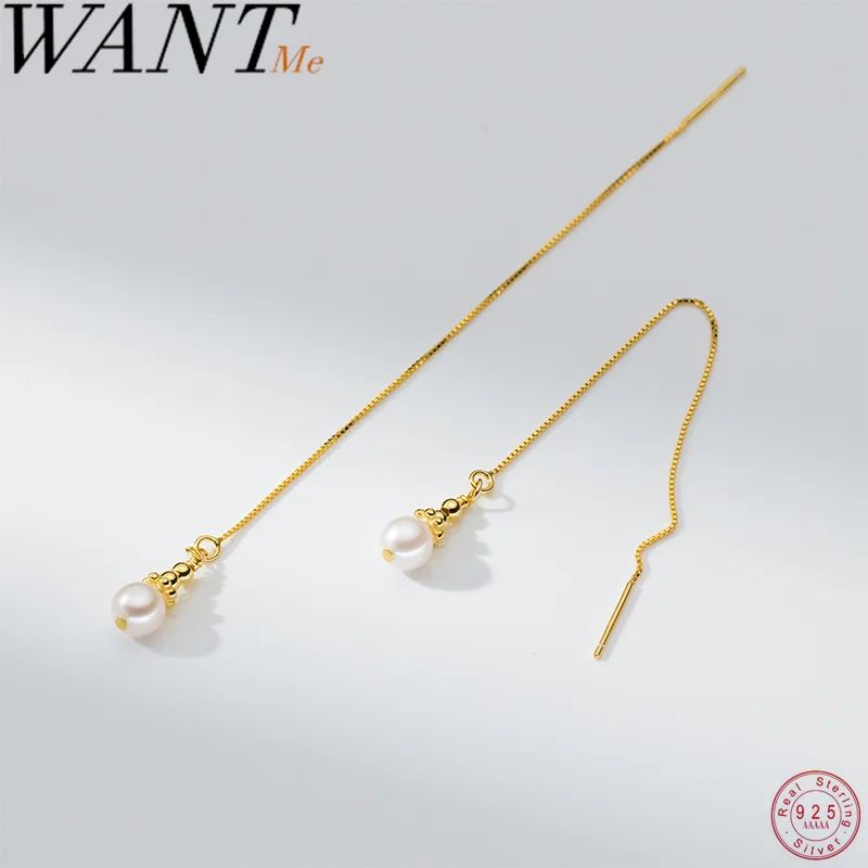 WANTME 925 Sterling Silver Natural Baroque Pearl Chain Ear Thread for women Simple Vintage Fine Design Party Ear Line Jewelry
